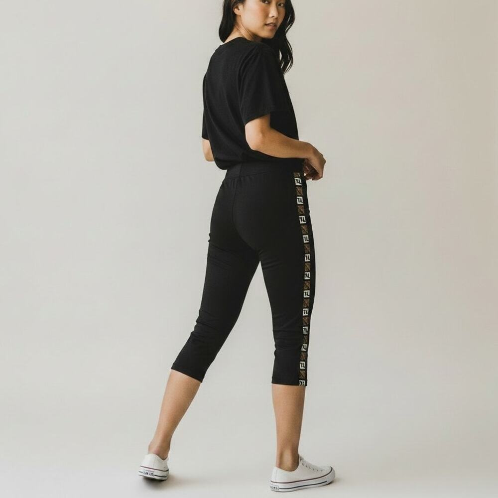 Fendi | XS 0 | FF Logo Tape Graphic Print Black Cropped Capri Leggings